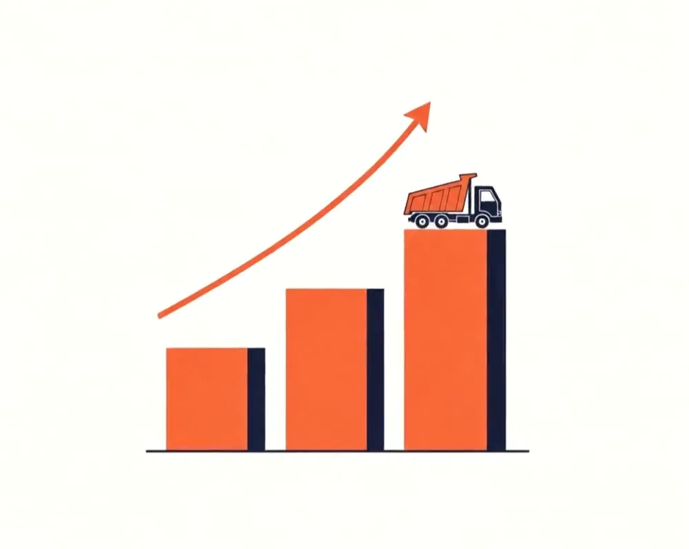 Illustration of a rubbish-removal firm's jobs growing, shown as rising bars with a tipper truck on top